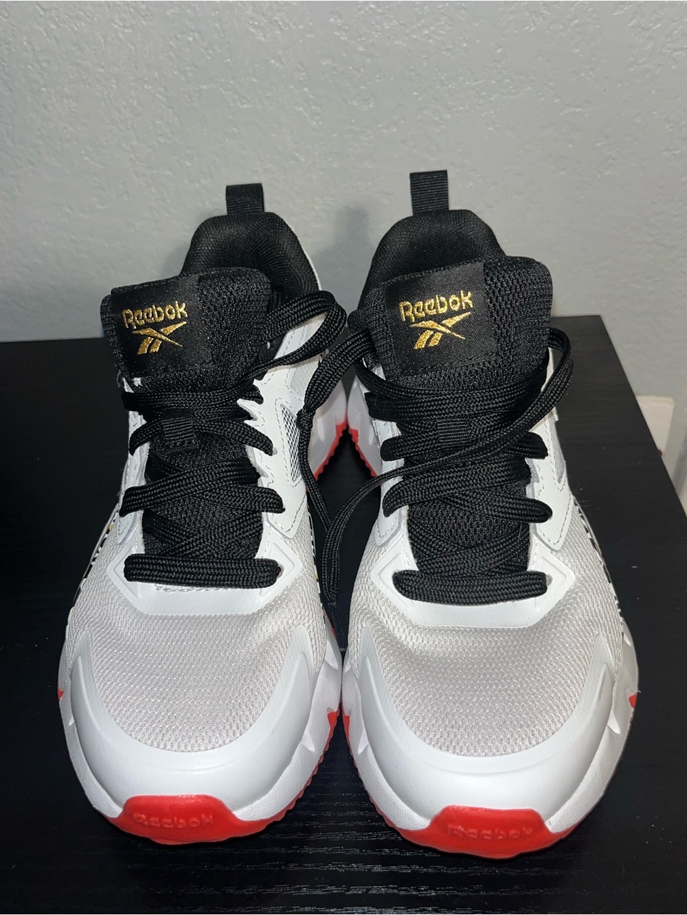 Reebok Woman’s White, Black & Red Athletic Sneakers with leopard print